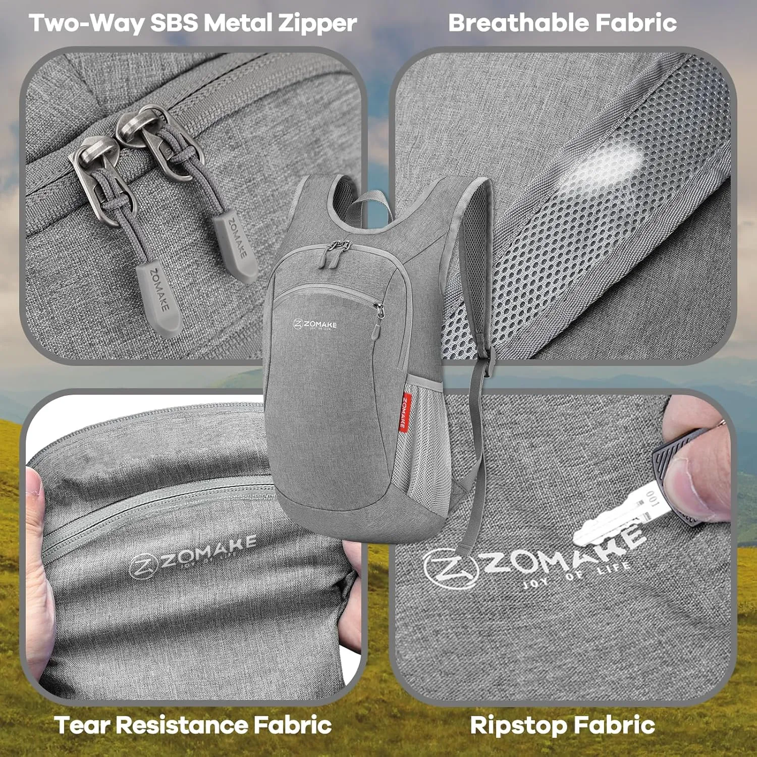 ZOMAKE Ultra Lightweight Packable Backpack, 10L Small Daypack Light Foldable Backpacks Water Resistant Day Bag for Hiking (Grey)
