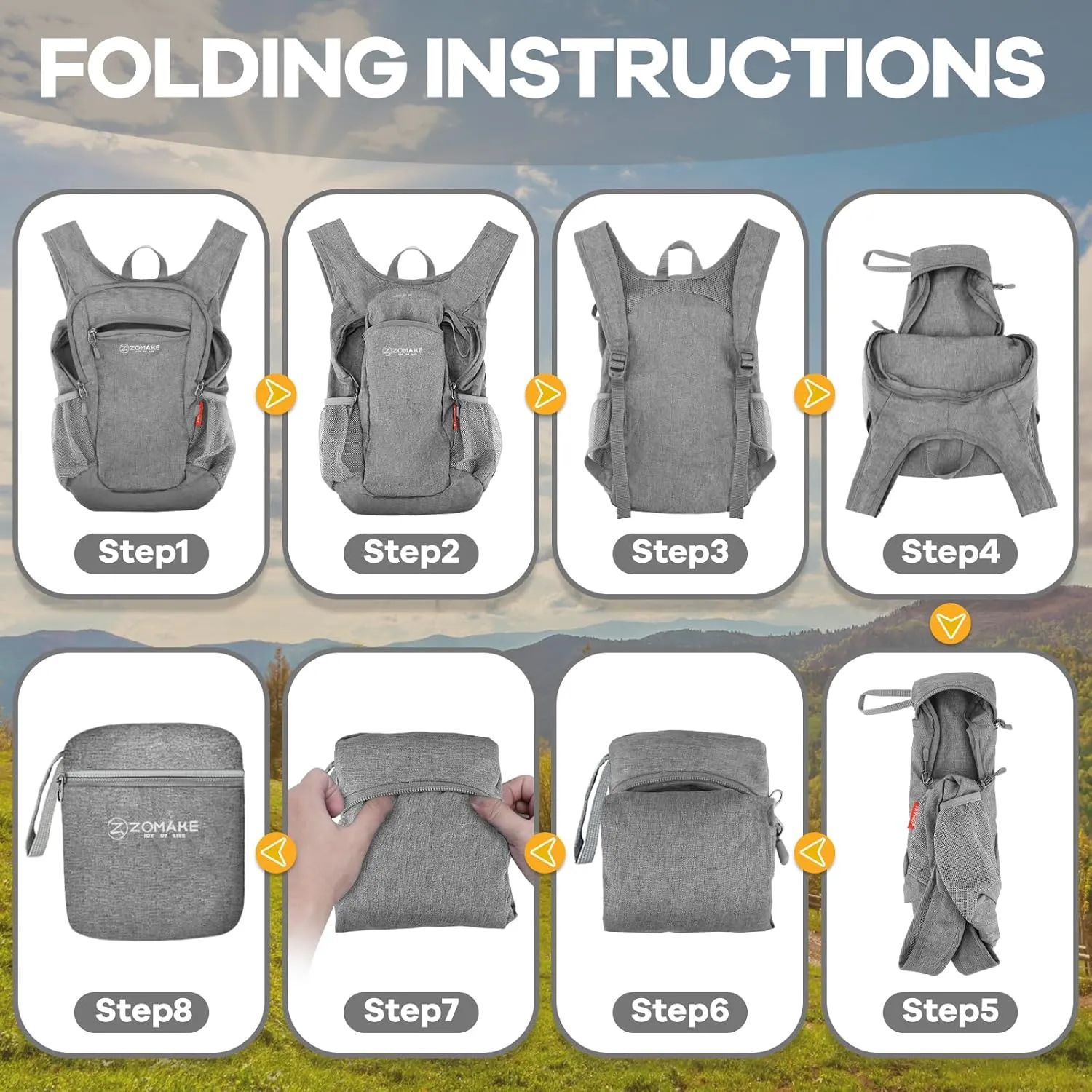 ZOMAKE Ultra Lightweight Packable Backpack, 10L Small Daypack Light Foldable Backpacks Water Resistant Day Bag for Hiking (Grey)