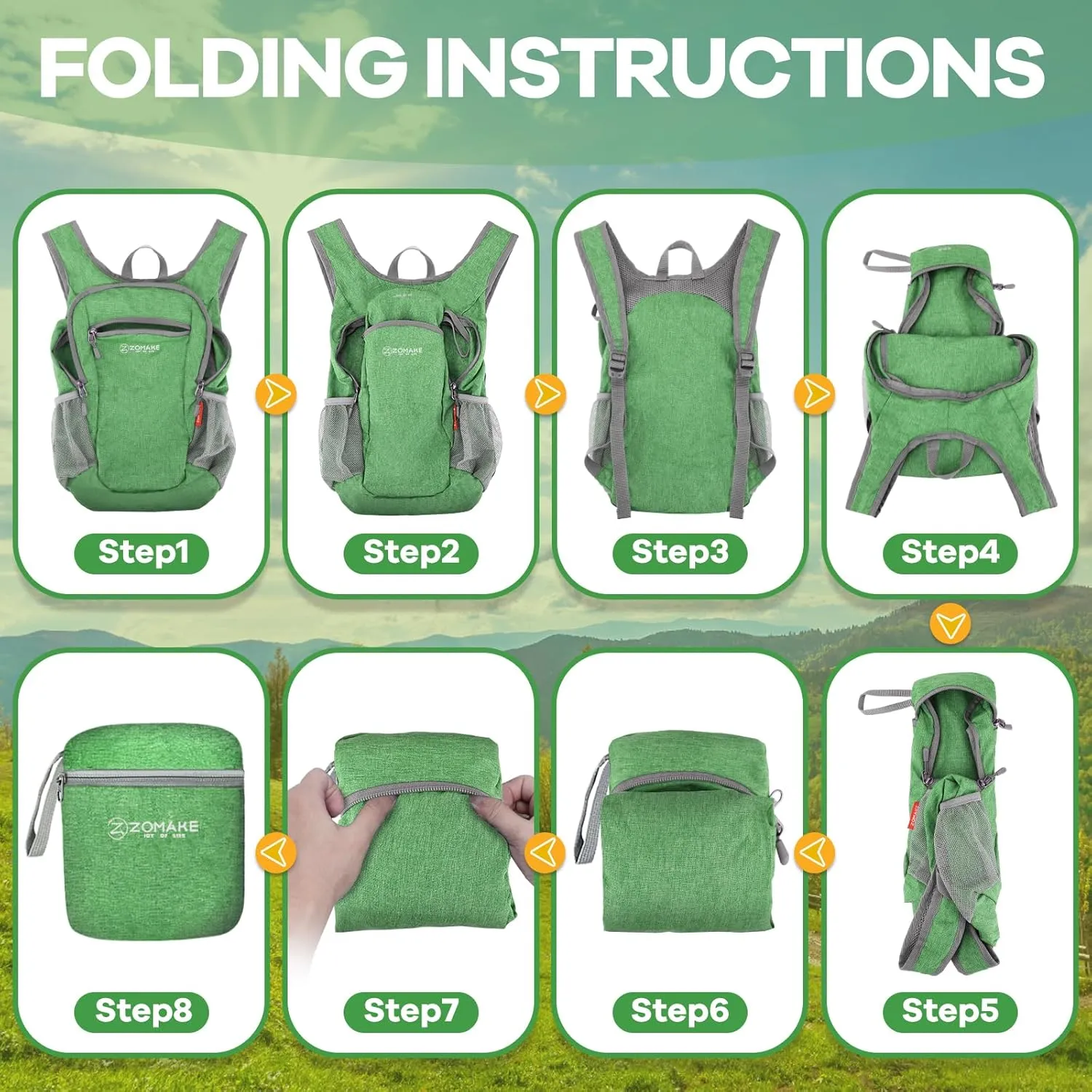 ZOMAKE Ultra Lightweight Packable Backpack, 10L Small Daypack Light Foldable Backpacks Water Resistant Day Bag for Hiking (Light Green)