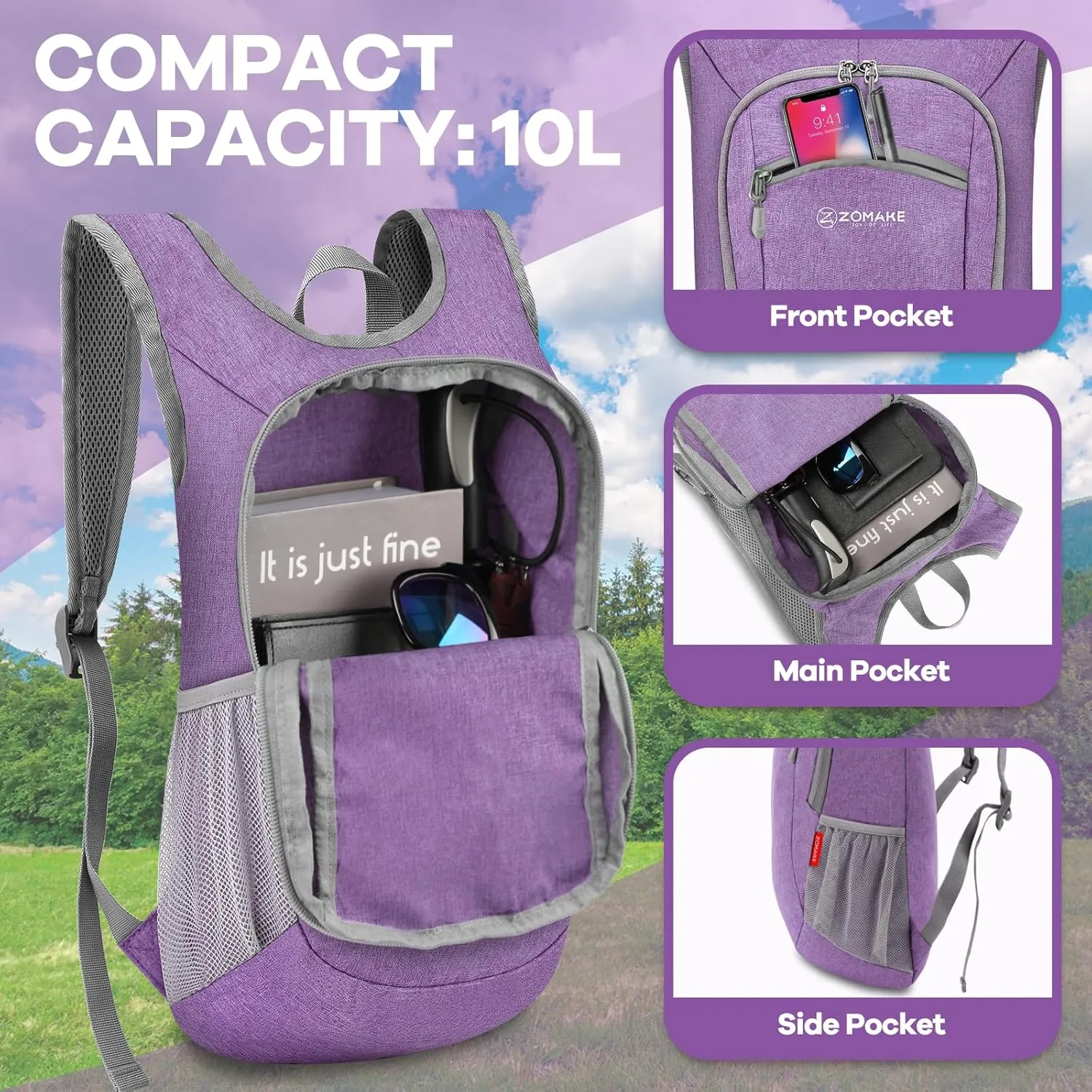 ZOMAKE Ultra Lightweight Packable Backpack, 10L Small Daypack Light Foldable Backpacks Water Resistant Day Bag for Hiking (Light Purple)