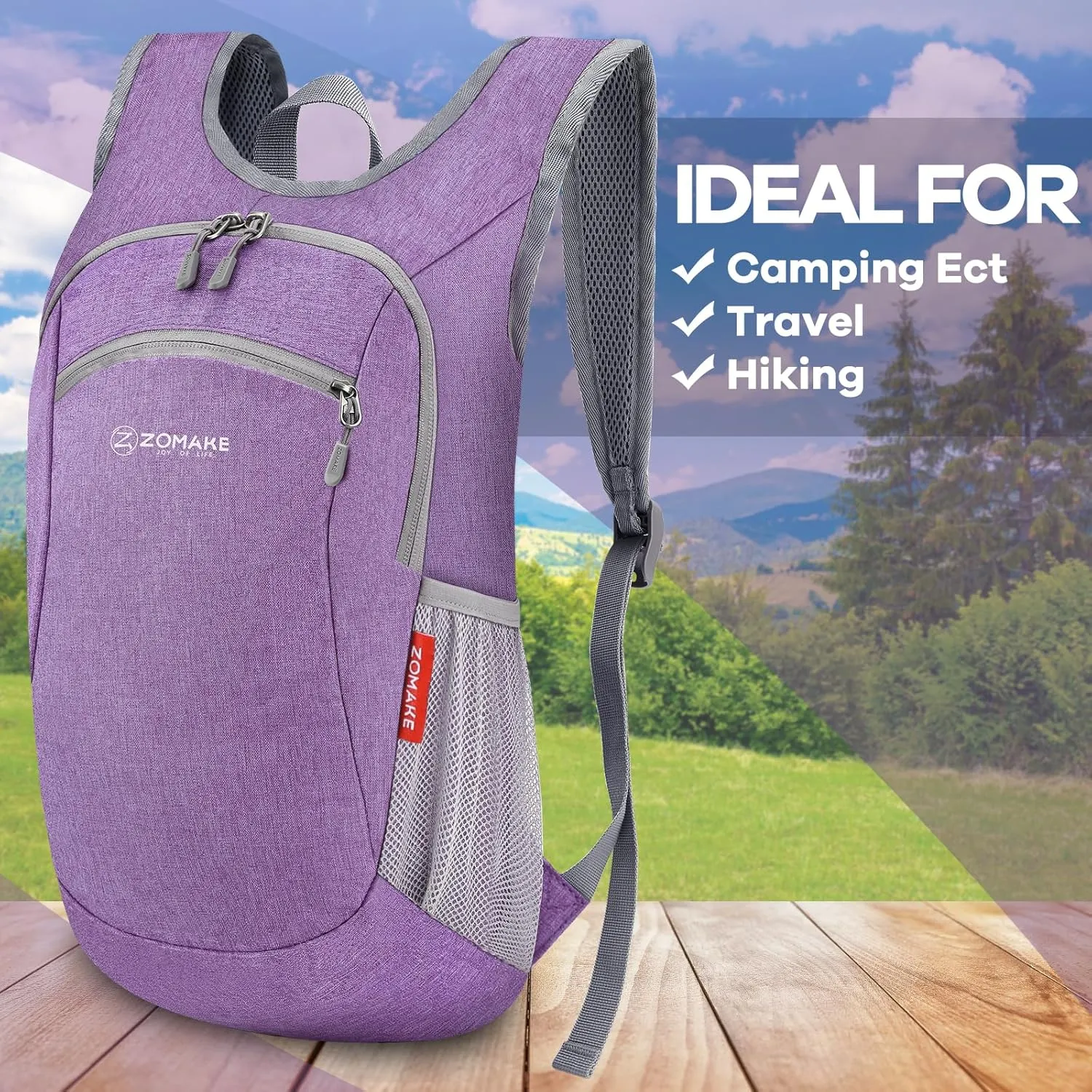ZOMAKE Ultra Lightweight Packable Backpack, 10L Small Daypack Light Foldable Backpacks Water Resistant Day Bag for Hiking (Light Purple)