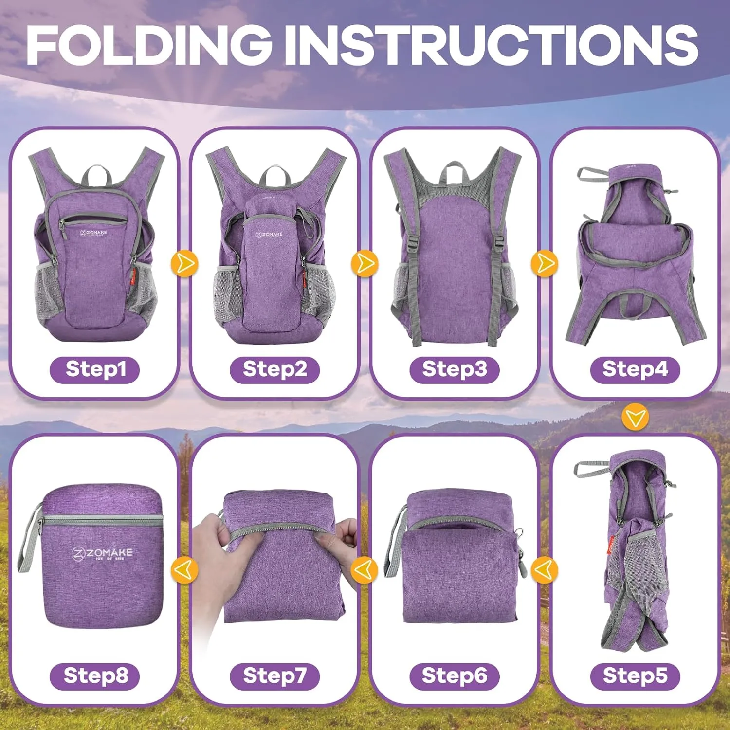 ZOMAKE Ultra Lightweight Packable Backpack, 10L Small Daypack Light Foldable Backpacks Water Resistant Day Bag for Hiking (Light Purple)