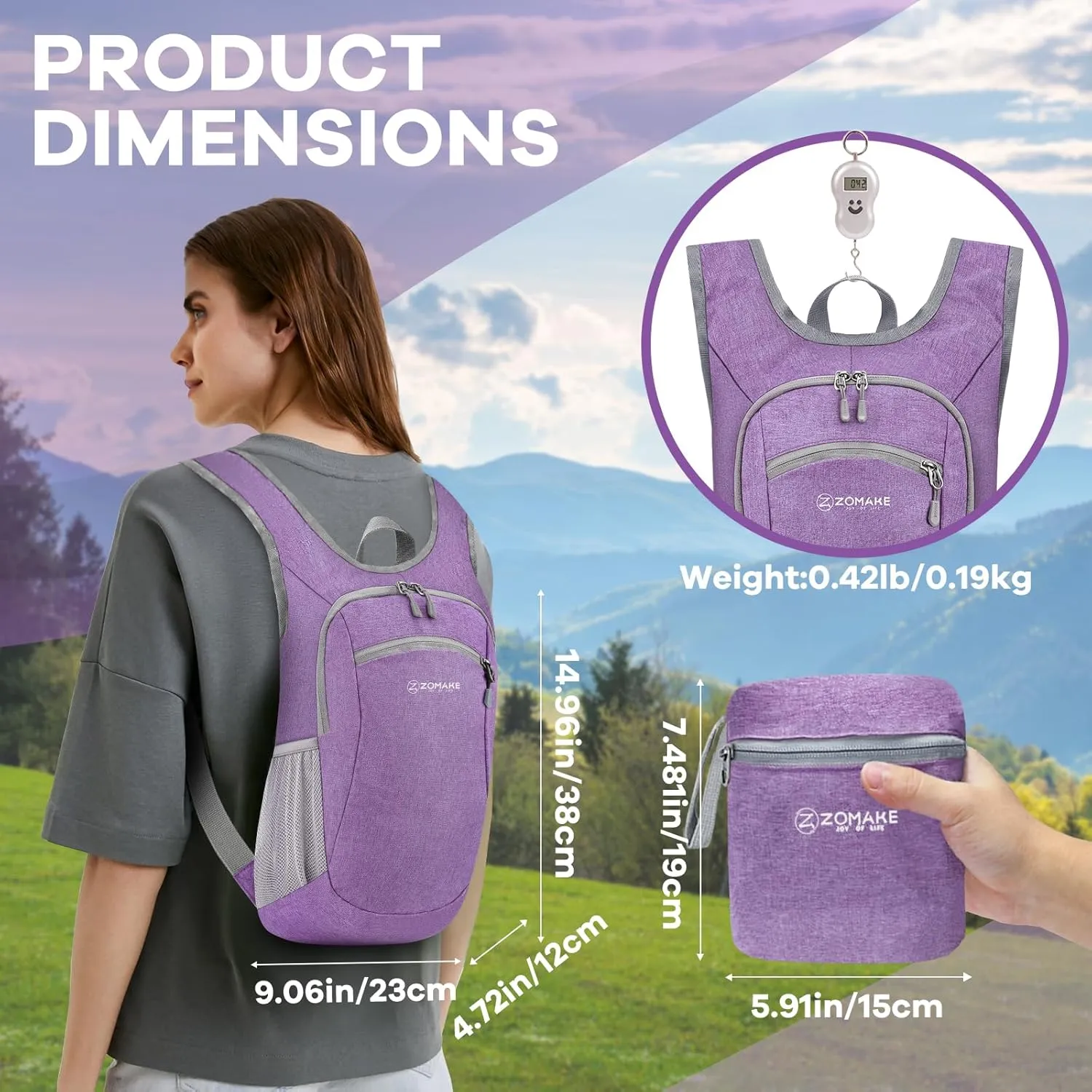 ZOMAKE Ultra Lightweight Packable Backpack, 10L Small Daypack Light Foldable Backpacks Water Resistant Day Bag for Hiking (Light Purple)