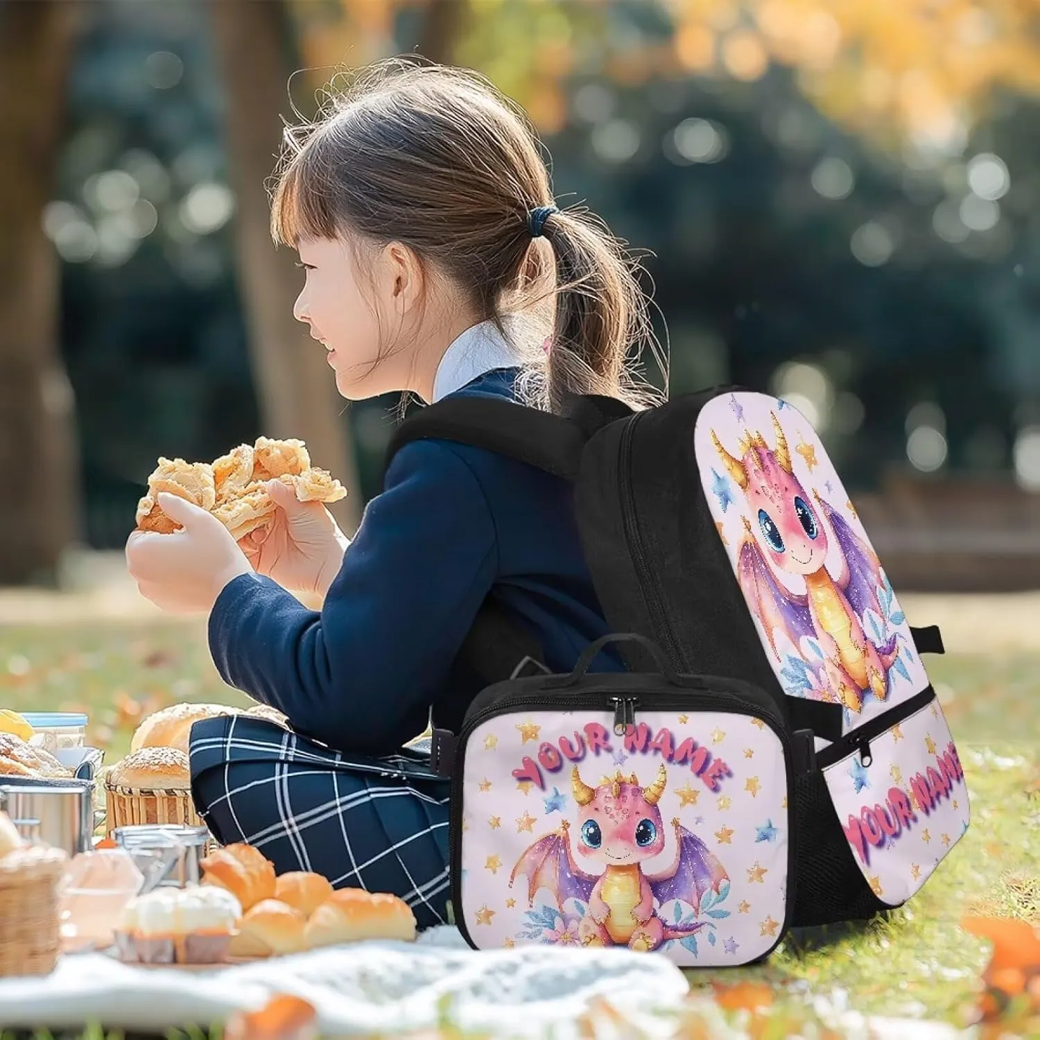 ZOUTAIRONG Cute Dinosaur School Bags for Girls Personalized Backpack and Lunch Bag for Age 7-10/10-12/12-16, Large Capacity Casual Bookbag with Side Pockets
