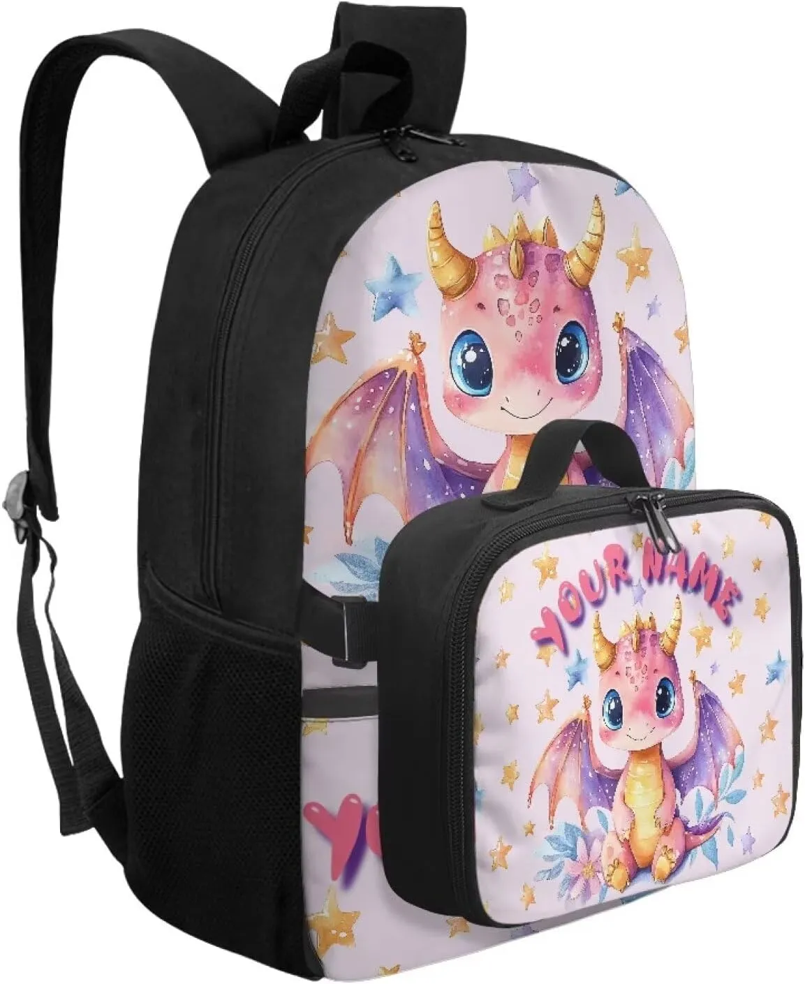 ZOUTAIRONG Cute Dinosaur School Bags for Girls Personalized Backpack and Lunch Bag for Age 7-10/10-12/12-16, Large Capacity Casual Bookbag with Side Pockets
