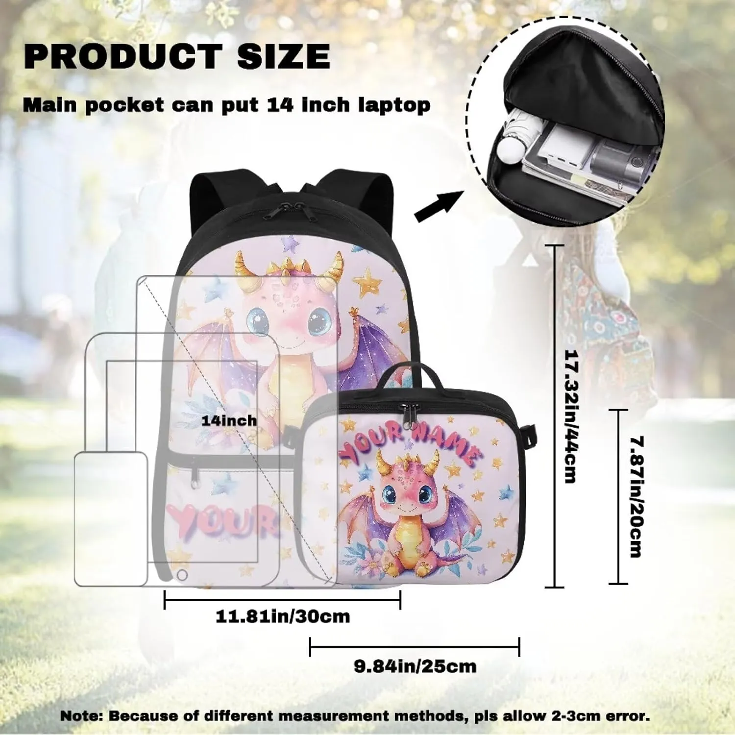 ZOUTAIRONG Cute Dinosaur School Bags for Girls Personalized Backpack and Lunch Bag for Age 7-10/10-12/12-16, Large Capacity Casual Bookbag with Side Pockets