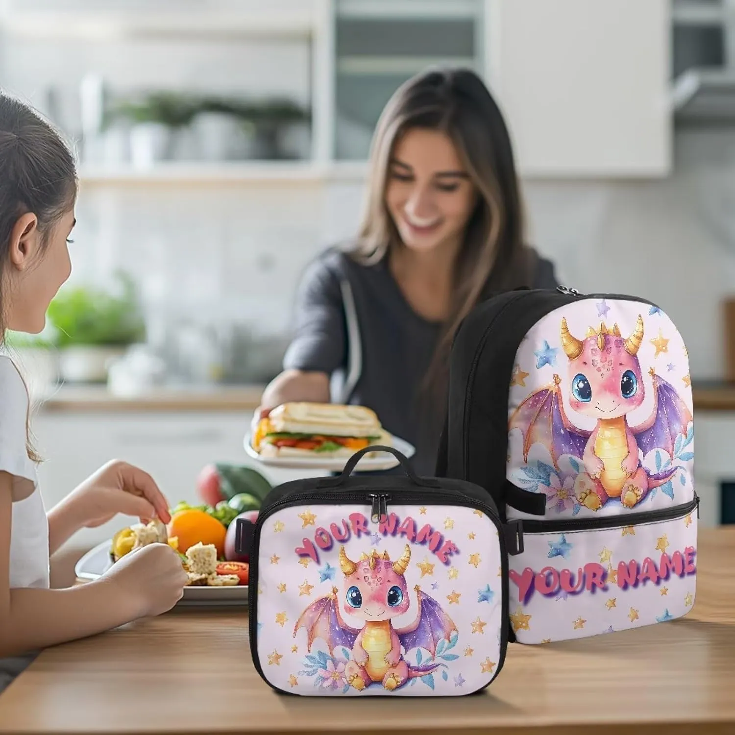 ZOUTAIRONG Cute Dinosaur School Bags for Girls Personalized Backpack and Lunch Bag for Age 7-10/10-12/12-16, Large Capacity Casual Bookbag with Side Pockets