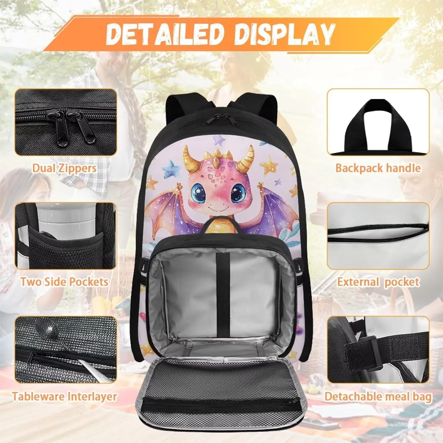 ZOUTAIRONG Cute Dinosaur School Bags for Girls Personalized Backpack and Lunch Bag for Age 7-10/10-12/12-16, Large Capacity Casual Bookbag with Side Pockets